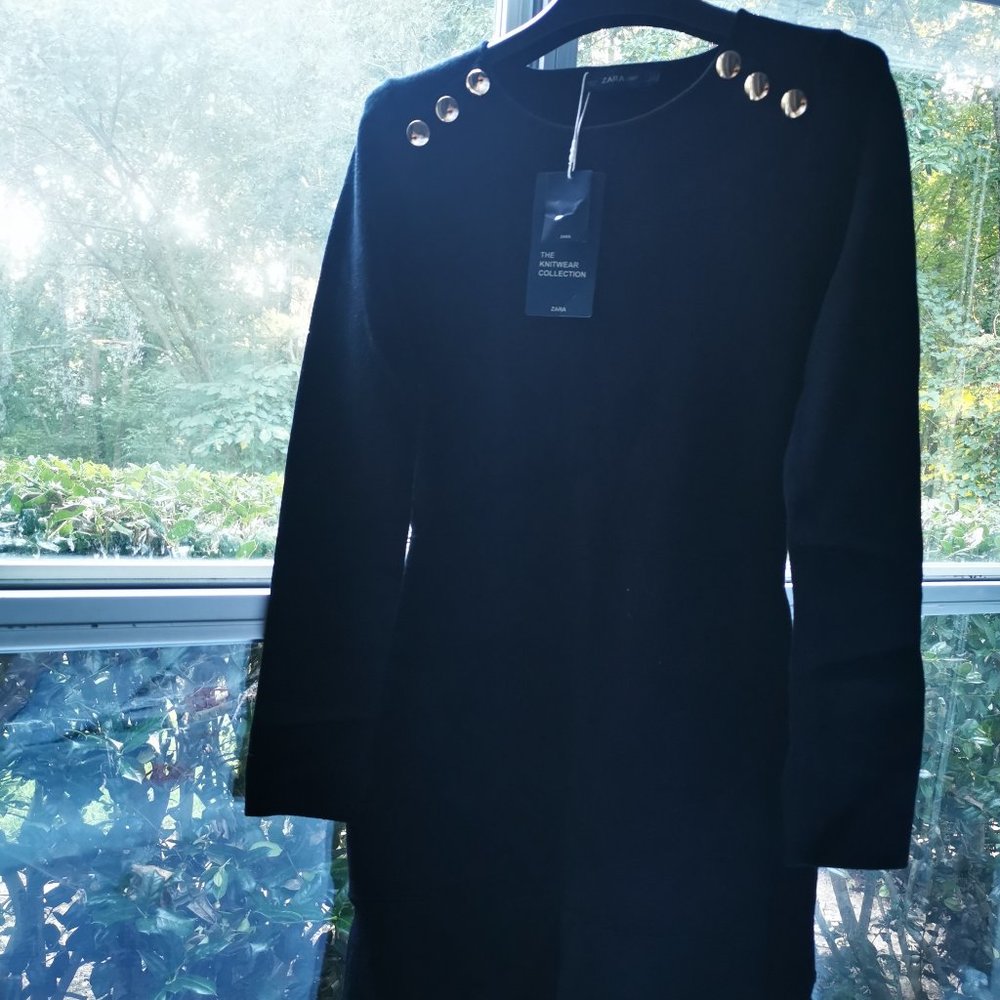 NWT Zara Women Knit Black Dress With Gold Button